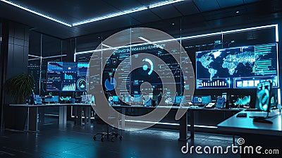 A modern marketers office with large screens displaying AI algorithms analyzing user behavior and optimizing ad Stock Photo