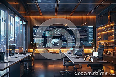 A modern marketers office with large screens displaying AI algorithms analyzing user behavior and optimizing ad Stock Photo