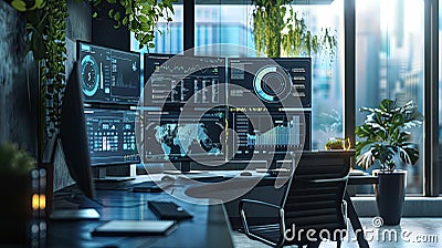 A modern marketers office with multiple computer screens displaying AI algorithms analyzing user behavior and optimizing Stock Photo