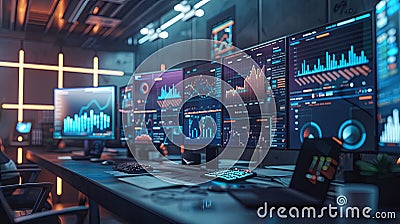 A modern marketers office with multiple screens displaying AI algorithms analyzing user behavior and optimizing ad Stock Photo