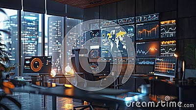 A modern marketers office with multiple screens displaying data visualizations and AI algorithms analyzing user behavior Stock Photo