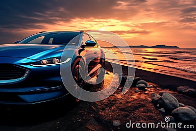 Modern marvel Blue SUV with open headlamp light parked by sea Stock Photo