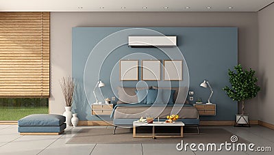 Modern master bedroom with minmalist double bed and air conditioner Stock Photo