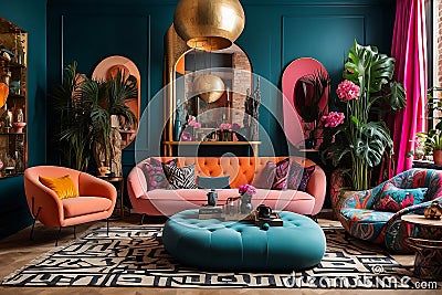 modern maximalist living room interior, eclectic Stock Photo