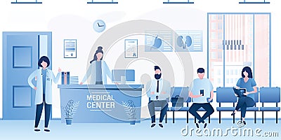 Modern medical clinic reception interior with furniture. Group of people waiting line queue Vector Illustration