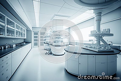 Modern Medical Research Laboratory Microscope, Glassware with Biochemicals on the Desk. Scientific Lab Biotechnology Development Stock Photo