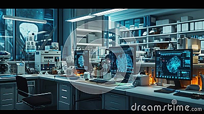 Modern Medical Research Laboratory with Microscope and Test Tubes with Biochemicals on the Desk. Scientific Lab Stock Photo