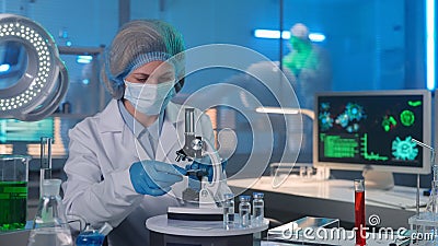 Modern medical research laboratory. Woman researcher in a white gown, mask, blue gloves and a bonnet is examining a Stock Photo