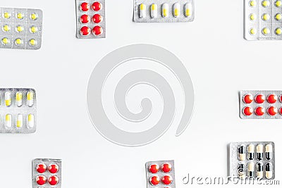 Modern medicine workplace with pills white table flat lay space for text Stock Photo