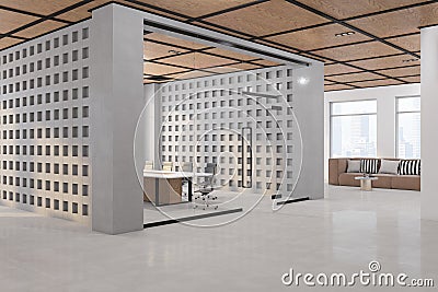 Modern meeting room interior with furniture and window with city view and daylight. Wooden concrete floor and wall, partition, Stock Photo