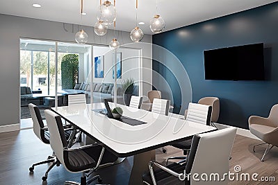 modern meeting room with sleek furnishings and space for laptops and tablets Stock Photo