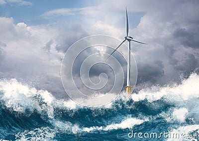 Modern mega offshore wind turbine in rough stormy sea Stock Photo