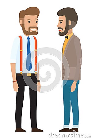 Modern men dressed in formal cloth, bearded businessman in shirt with tie, suspender pants, bow tie Vector Illustration