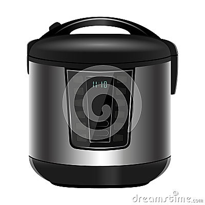 Modern metal Multicooker. Pressure cooker for cooking food under pressure. Electronic control. Kitchen household appliance Vector Illustration