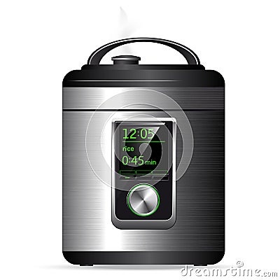 Modern metal Multicooker. Pressure cooker for cooking food under pressure. Electronic control. Side view. Stock Photo