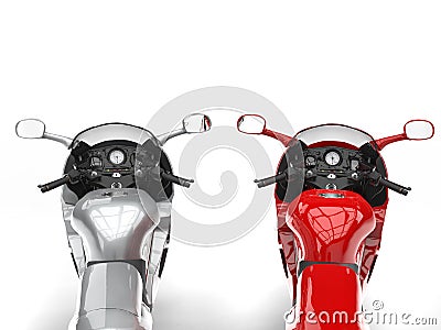 Modern metallic silver and red motorbikes - FPS view Stock Photo