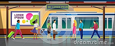 Modern metro station with people and train Vector Illustration