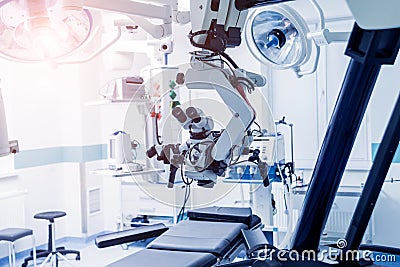 Modern microscope for operations in surgery room at the hospital. Stock Photo