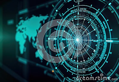 Modern military radar system interface shows global map, circular radar scanner. Tech display scans for targets. Futuristic Stock Photo