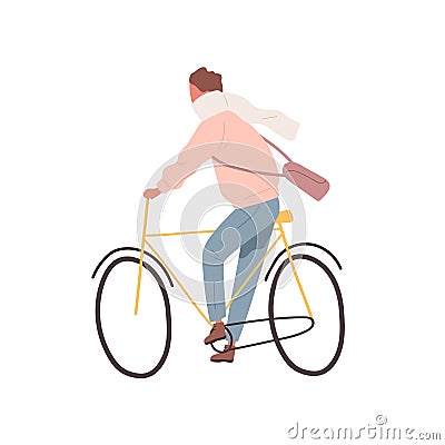 Modern millennial cycler man wearing scarf ride urban bike. Active male character on bicycle. Flat vector cartoon Vector Illustration