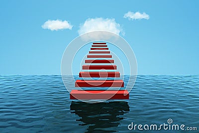 Modern minimal abstract background, seascape with red steps up to the clouds. 3D visualization Stock Photo