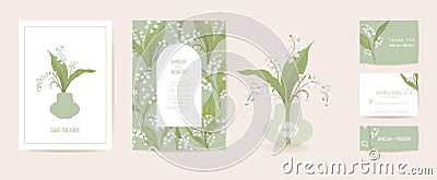 Modern minimal Art Deco wedding vector Invitation set. Boho lily flower card template..Spring pastel flowers poster Vector Illustration