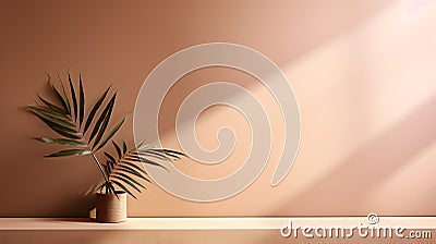 Modern, minimal blank matte wall with brown paint texture and bamboo palm tree in sunlight. Stock Photo