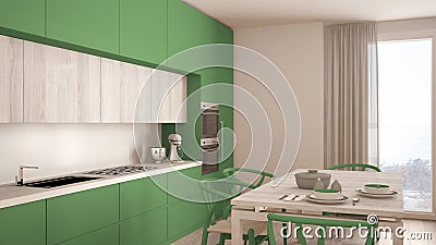 Modern minimal green kitchen with wooden floor, classic interior Stock Photo