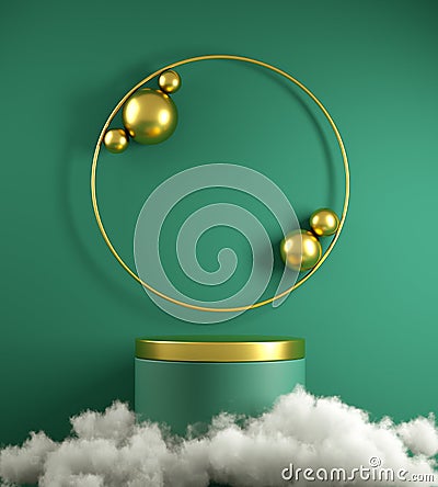 Modern Minimal Green Podium Stage And Gold Primitive Geometric Shape With White Cloud Background 3d Render Stock Photo
