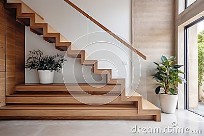 Modern minimal hallway with wooden staircase in private house with tall windows Stock Photo