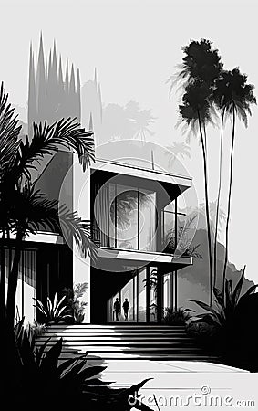 Modern minimal house and palm trees black and white illustration Cartoon Illustration