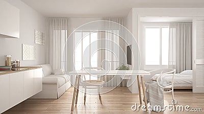 Modern minimal kitchen and living room with bedroom in the background, small apartment, white interior design Stock Photo