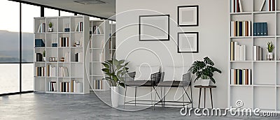 Modern minimal library interior design with white bookshelves, armchairs, and white wall Cartoon Illustration