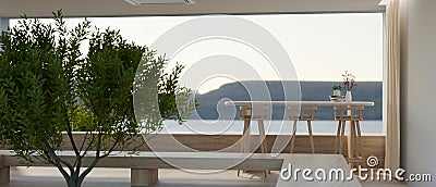 Modern minimal spacious cafe or hotel lounge with a large glass window with an amazing nature view Cartoon Illustration