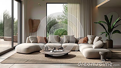Modern minimalism meets comfort, neutral tones, plush cushions, and elegant simplicity Stock Photo