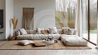 Modern minimalism meets comfort, neutral tones, plush cushions, and elegant simplicity Stock Photo