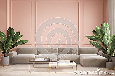 Modern minimalism peach interior with couch, sofa, palm plants and coffee tables. Cartoon Illustration