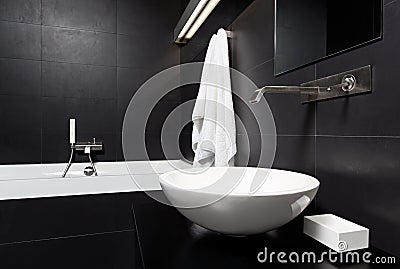 Modern minimalism style bathroom interior in black Stock Photo