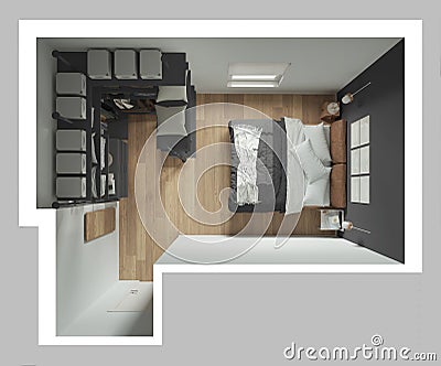 Modern minimalist bedroom in gray tones with walk-in closet, parquet floor, bed with duvet, pillows. Window with blinds, decors. Stock Photo