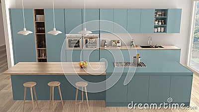 Modern minimalist blue and wooden kitchen with island and big panoramic window, parquet, pendant lamps, contemporary architecture Stock Photo