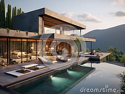 Modern minimalist concrete and glass house in mountains. Luxury villa with terrace and pool Stock Photo
