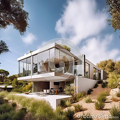 Modern minimalist concrete and glass stack-cube house. Villa with terrace on the hill. Created with generative Ai Stock Photo