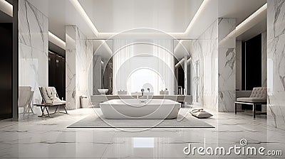 Modern minimalist contemporary bathroom with white marble floor, elegant bathtub, quiet luxurious Stock Photo