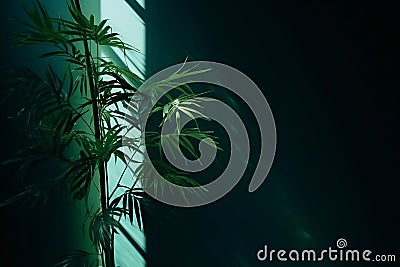 Modern minimalist dark green wall background with exotic bamboo palm tree, AI generated Stock Photo