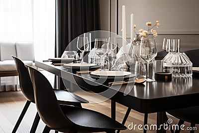 modern, minimalist dining room with sleek furniture and glass tabletop Stock Photo
