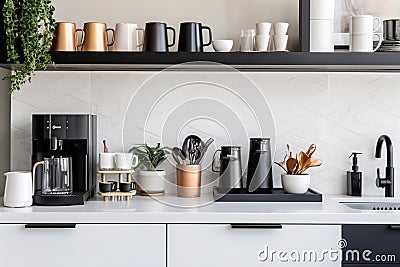 A modern, minimalist home coffee bar , featuring a sleek espresso machine, a collection of stylish mugs, and an assortment of Stock Photo