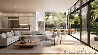 Modern minimalist home interior design with sleek furnishings with open space and spacious kitchen Stock Photo