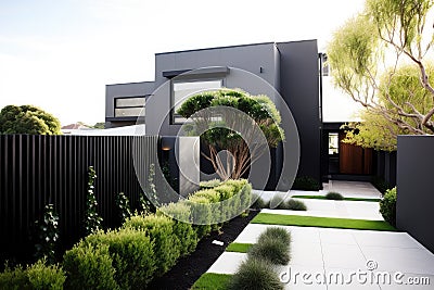 modern, minimalist house exterior with minimalist garden and sleek black fence Stock Photo