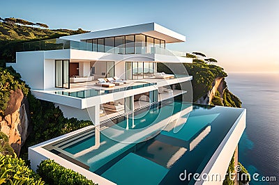 A Modern Minimalist House Perched on a Cliff Overlooking a Vast Azure Ocean - A Sleek Infinity Pool Blending with Coastal Serenity Stock Photo