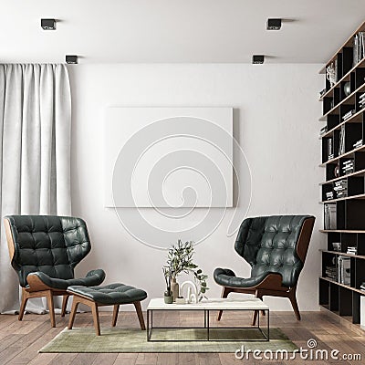 Modern minimalist interior with armchairs, carpet and decoration. Cartoon Illustration